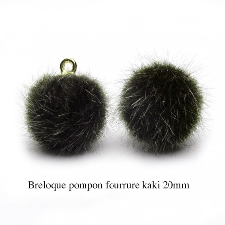 5 breloques pompon fourrure kaki calotte or 20mm
