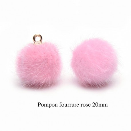 5 breloques pompon fourrure rose  calotte or 20mm