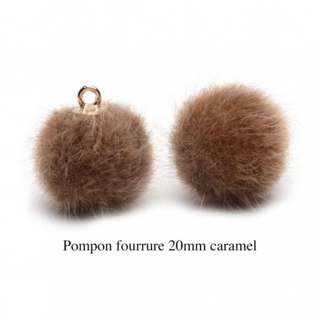 5 breloques pompon fourrure chocolat calotte or 20mm