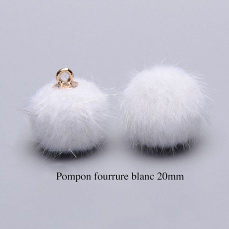 5 breloques pompon fourrure blanc  calotte or 20mm