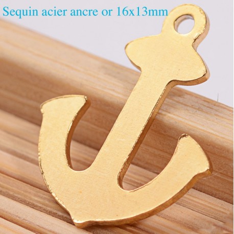 6 breloques sequin  acier ancre marine or 16x13mm
