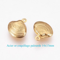 6 breloques acier or coquillage palourde 14x13mm