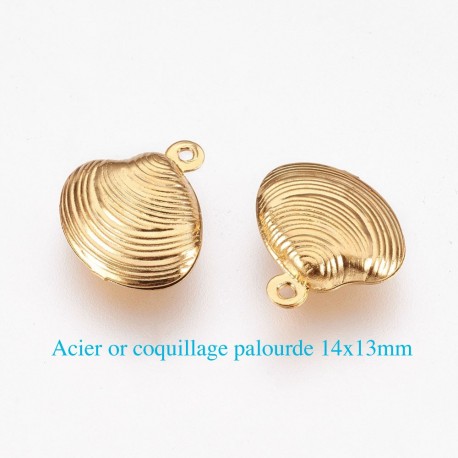 6 breloques acier or coquillage palourde 14x13mm