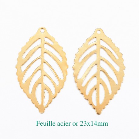 6 breloques estampe feuille acier or 23x14mm