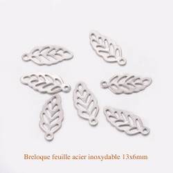 10 breloques mini feuille acier inoxydable 13x6mm