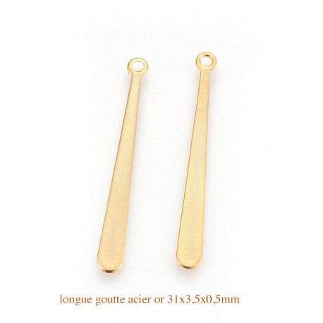 6 pendentifs goutte plate acier or 31.5x3.5mm