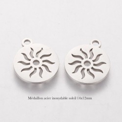 4 breloques médaillon acier inoxydbale soleil 14x12mm