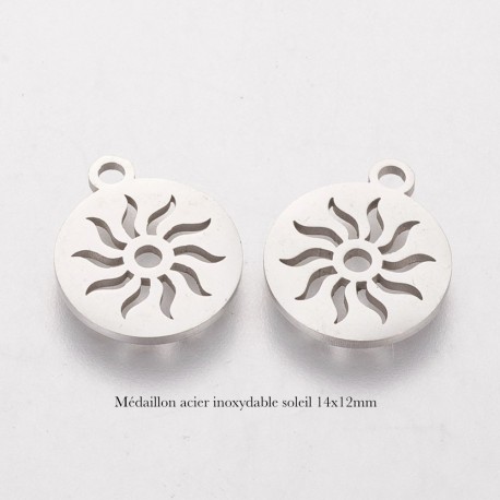 4 breloques médaillon acier inoxydbale soleil 14x12mm