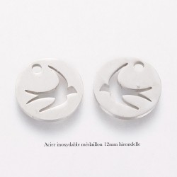 4 breloques médaillon hirandelle acier inoxydbale 12mm