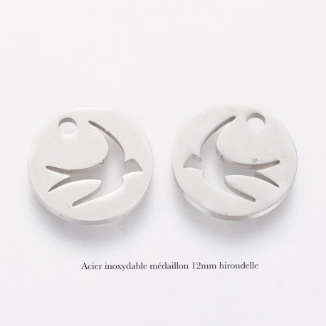 4 breloques médaillon hirandelle acier inoxydbale 12mm
