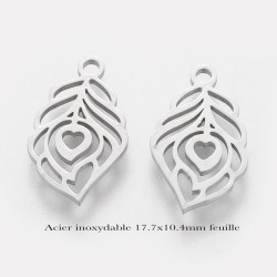 4 breloques découpe feuille acier inoxydable 17.7x10.4mm