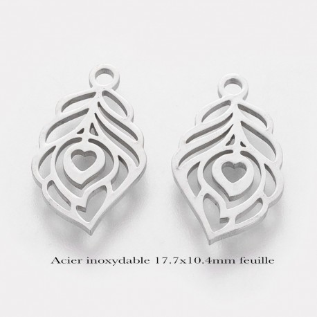 4 breloques découpe feuille acier inoxydable 17.7x10.4mm