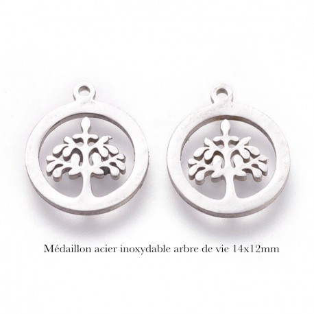 4 breloques acier inoxydable arbre de  vie 14x12mm