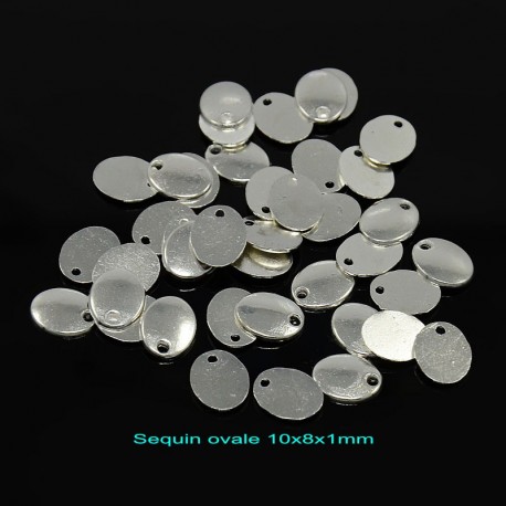 10 breloques sequin metal argenté ovale plat lisse 10x8mm