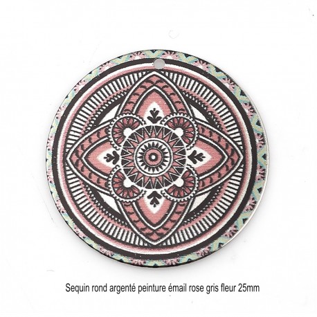 2 Sequins peinture émail rond argenté gris rose ethnique 25mm
