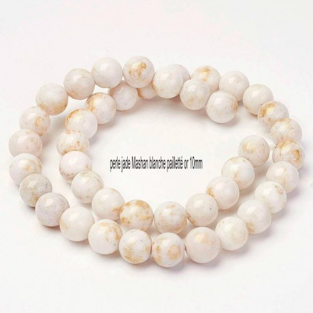 10 perles jade blanche ronde  pailleté or 10mm