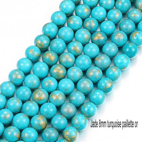 10 perles jade ronde turquoise bleue pailletté or 8mm