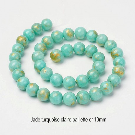 10 perles jade ronde turquoise claire bleue pailletté or 10mm