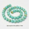 10 perles jade ronde turquoise claire bleue pailletté or 10mm