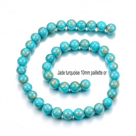 10 perles jade ronde turquoise bleue vif pailletté or 10mm