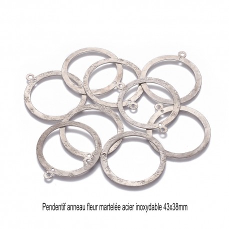 4 pendentifs anneaux rond creux martelé fleur 43x38mm