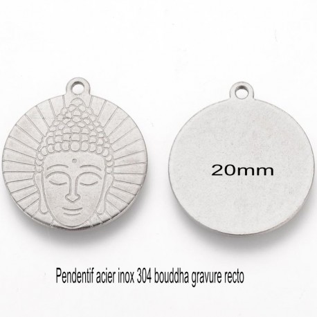 4 pendentifs rond 20mm acier inoxydable 304 bouddha gravure