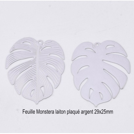 4 breloques pendentif feuille Monstera laiton plaqué argent 29x25mm