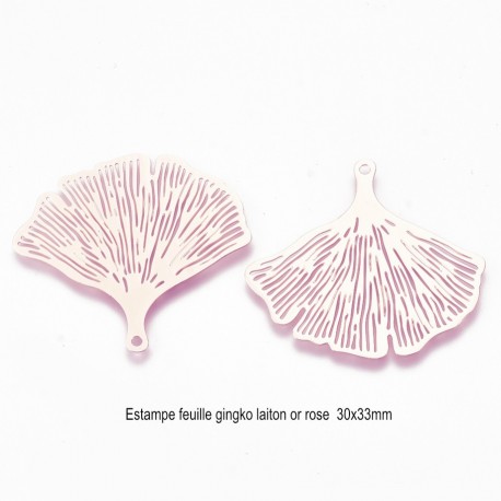 6 Estampes filigrane laiton or rose feuille gingko 30x33mm