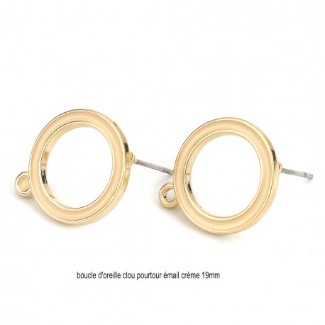 1 paire de boucle d'oreille clou ronde bordure émaillé crème  19mm