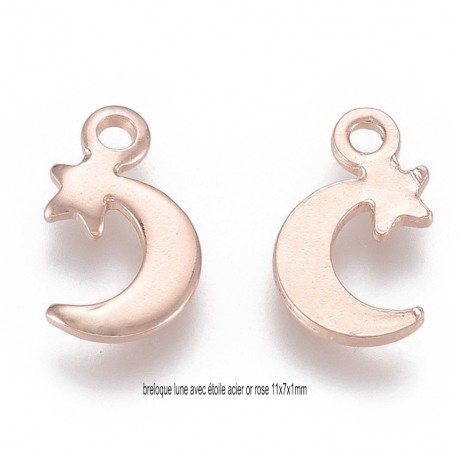 10 breloques acier or rose lune avec  étoile 11x7mm