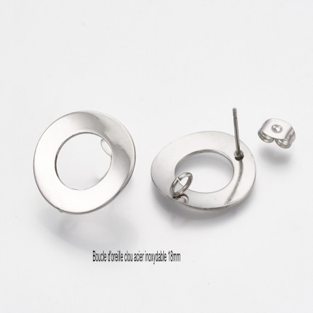 2 paires boucles d'oreille clou acier inoxydable ronde  argent 18mm