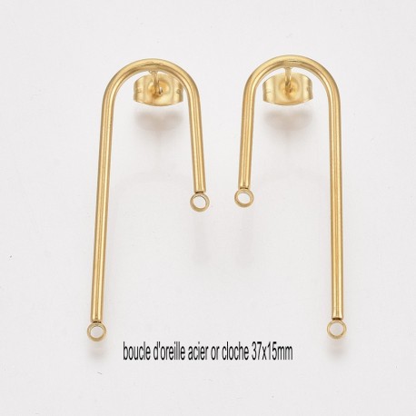 4 boucles d'oreilles clou acier or cloche 37x15mm
