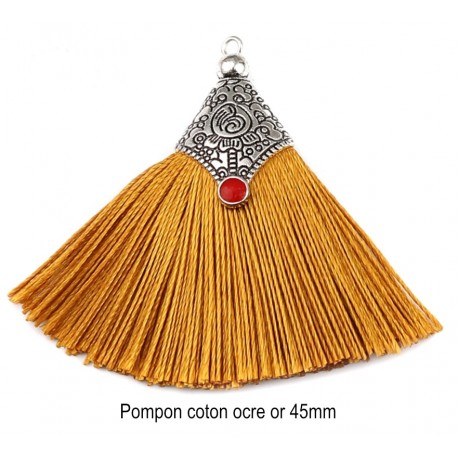 1 Pompon coton ocre or embout argenté 45mm