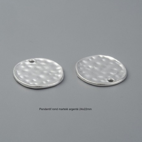 6 pendentifs rond martelé argenté 24x22mm