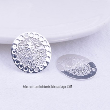 4 connecteurs laiton plaqué argent rond feuille monstera  20mm