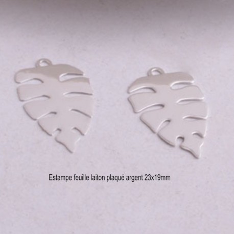4 estampes laiton plaqué argent feuille monstera 23x19mm