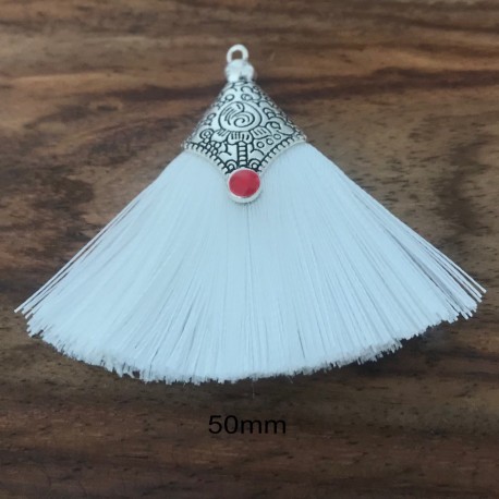 1 Pompon coton blanc  embout argenté 45mm
