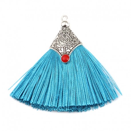 1 Pompon coton turquoise embout argenté 50mm
