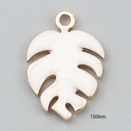 2 pendentifs sequins feuille Monstera émail blanc 13x9mm