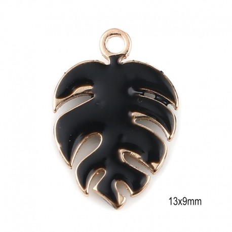 2 pendentifs sequin feuille Monstera émail noir 13x9mm