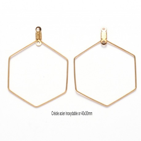 4 boucles d'oreille créole acier or hexagonale 40x30mm
