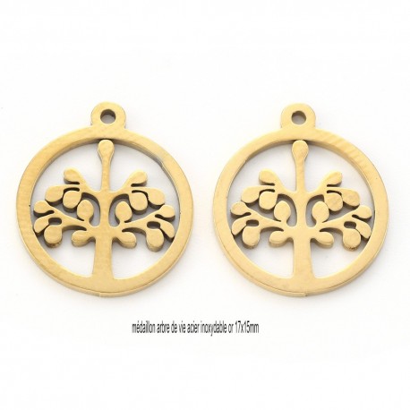 6 Breloques acier inoxydable or  arbre de vie 17x15mm