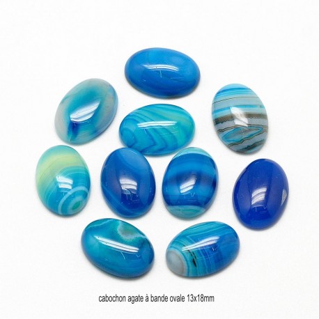 2 cabochons ovale d'agate naturelle rayées teintée bleu 13x18mm
