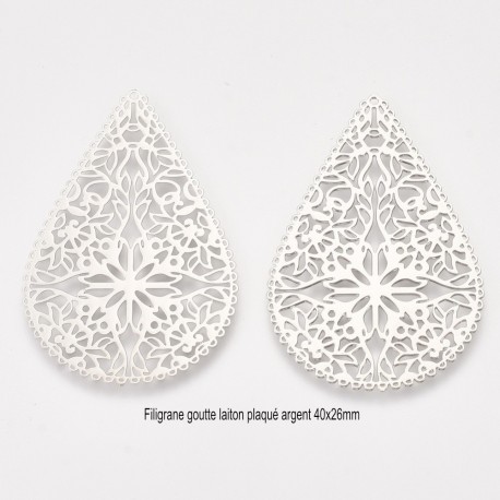 4 estampes filigrane laiton goutte plaqué argent platine  40x26mm