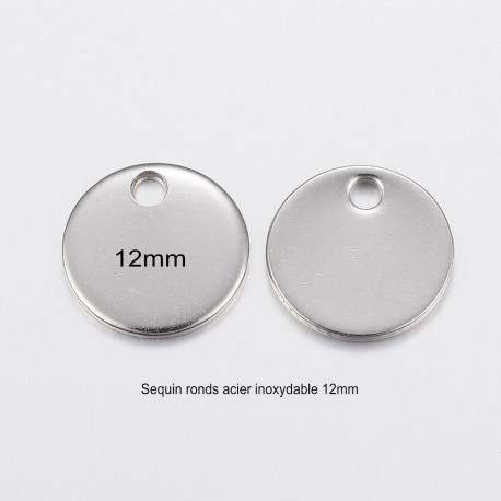 10 breloques sequins ronds acier inoxydable 12mm