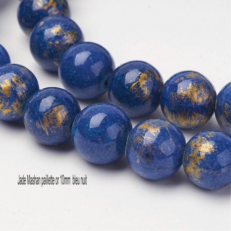 10 perles ronde jade Mashan paillette or bleu nuit 10mm