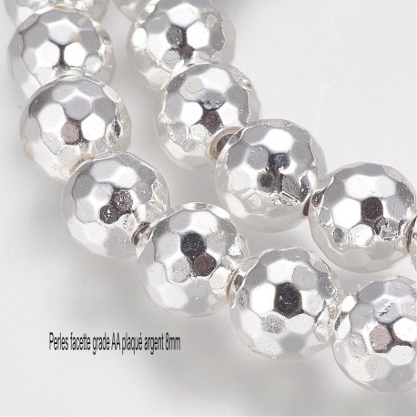 10 perles hématite 8mm plaqué argent grade AA