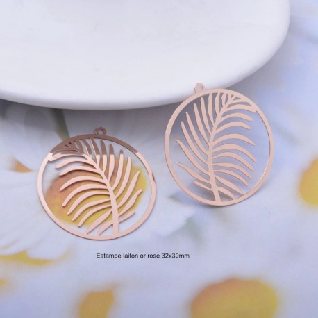 2 Estampes aliton or rose ronde feuille 32x30mm