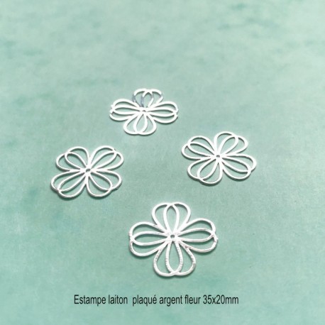 4 estampes laiton plaqué argent fleur 35x20mm