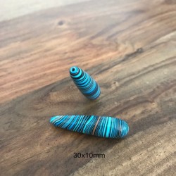 2 jades goutte non facetté bleu enrubannée turquoise et noir longueur 30x10mm